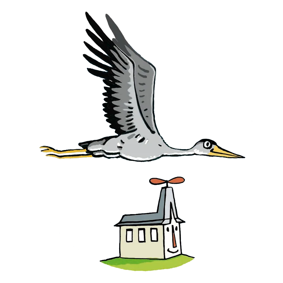 Zeichnung eines Kranichs, der über das Kinderpropeller-Häuschen fliegt