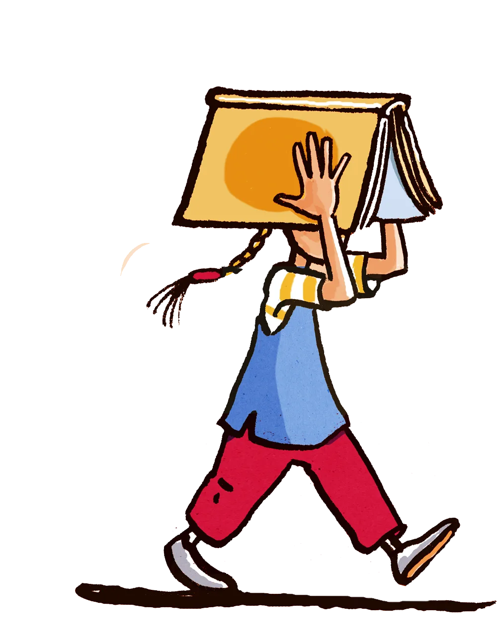 Zeichnung eines Mädchens, das ein Schulbuch auf dem Kopf trägt